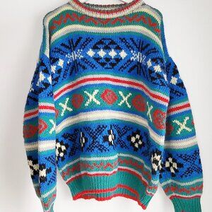Vintage Hand-Knit Nordic Sweater • Quebec Tricoté à la Main • Colorful Folk Knit